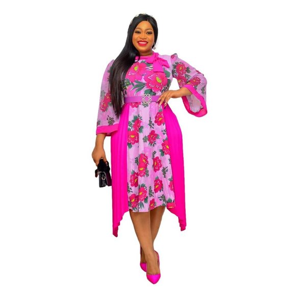 Dresses & Skirts - NWT Fuchsia Floral Print Midi Dress w/ matching belt